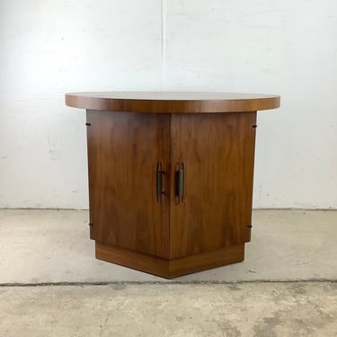 Mid-Century Circular Walnut End Table With Lower Cabinet 