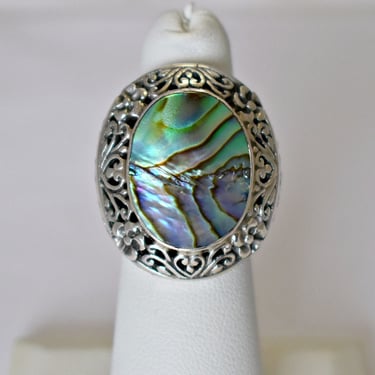 Ornate 80's sterling abalone size 5.25 statement ring, big blue green paua 925 silver boho solitaire 