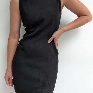 90s Black Ribbed Mock Neck Dress