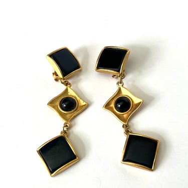 Vintage Gold And Black  Earrings, Abstract Dangle Earrings, Black Stone Triangle Earrings,  Dangle Earrings, Clip-On Earrings, 