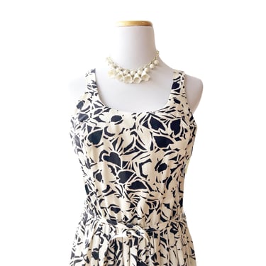 Vintage Sundress, Dash-About Label, Black and White Floral Cotton Dress, Summer Dress with Tie Belt, Smocked Halter Back Dress with Pocket 