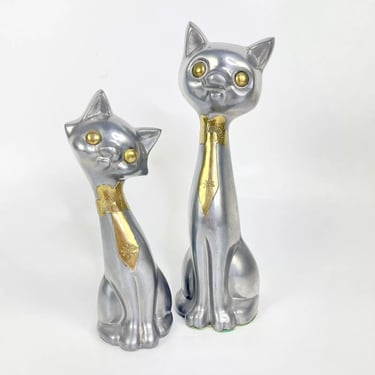 Mid Century Retro Pewter & Brass Metal Cat Figurines / Statues MCM Vintage