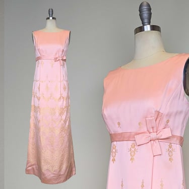 1960s Gown / 60s Saks 5th Avenue Dress / Pink Metallic Brocade Gown / Formal Dress / Pink Gown / Dress with Bow / Size Small 