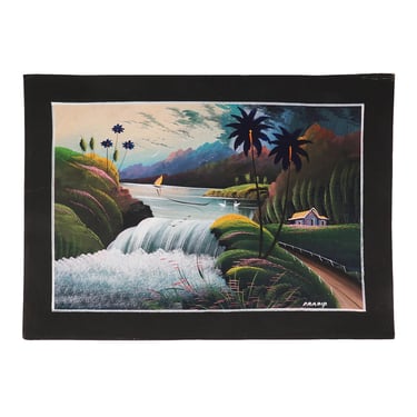 Pradip Acrylic Painting on Paper India Landscape Vintage Waterfall Rain 