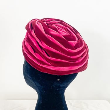 1950s Pink Velvet Stripe Hat | 50s Red & Hot Pink Velvet Hat 
