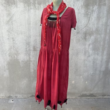 Antique 1920s Red Cotton Jingle Dress Brass Bells Masquerade Costume Pointed Hem