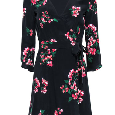 Sezane - Black & Floral Flounce Sleeve Mini Wrap Dress Sz 4