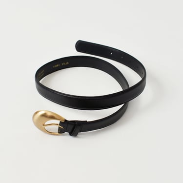 vintage 90s black leather belt with gold buckle, size M 