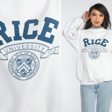 Rice University Sweatshirt 90s White Ringer Sweater Graphic College Mock Neck Pullover Houston Texas Owls Striped Vintage 1990s Mens Large L 