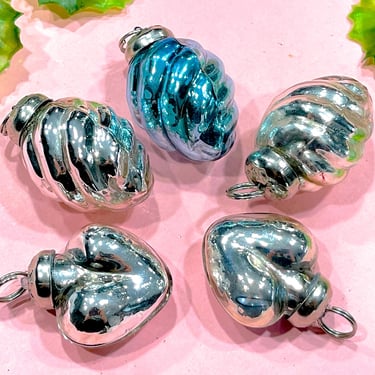 VINTAGE: 5pc - Small Thick Mercury Ornaments - Mid Weight Kugel Style Christmas Ornaments - Unique Find 