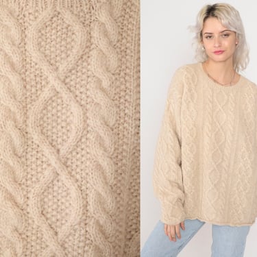 Oatmeal Wool Sweater Y2K Cable Knit Sweater Pullover Chunky Cableknit Fisherman Crewneck Boho Fall Basic Plain Simple Vintage 00s Large L 