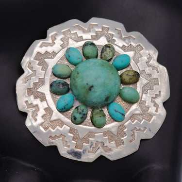 Big 80's Peru turquoise 18K & 925 silver tribal pendant pin, Aztec sterling and gold statement brooch 