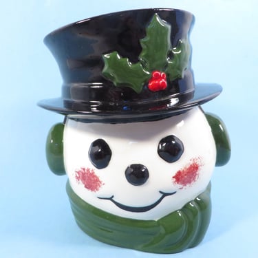 Vintage Handpainted Ceramic Snowman Head Planter Vase 