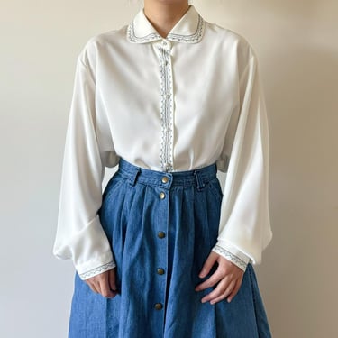 vintage blouse vintage shirt button down embroidered white minimalist sheer 80s 90s retro vintage style secretary blouse size 3X 