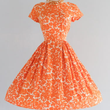Fabulous 1950's Orange Cream Floral Cotton Sundress / Sz L