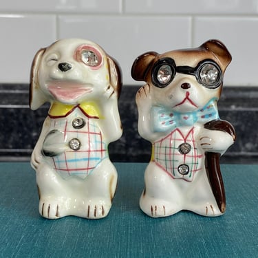 Vintage Lefton Dapper Dogs Salt & Pepper Shakers, Kitsch Anthropomorphic Rhinestone Eyes, Lefton Dogs, Plaid vests, cane, polka dot bow tie 