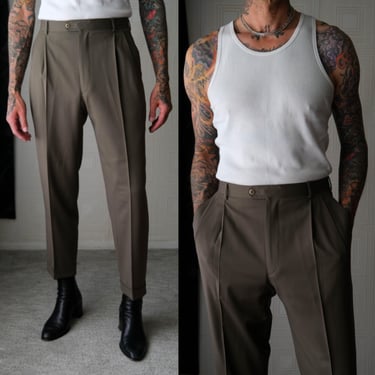 Vintage 90s ZANELLA Dark Olive Green Gabardine Double Pleated Cuffed Slacks | Made in Italy | 100% Wool | 1990s Italian Designer Mens Pants 