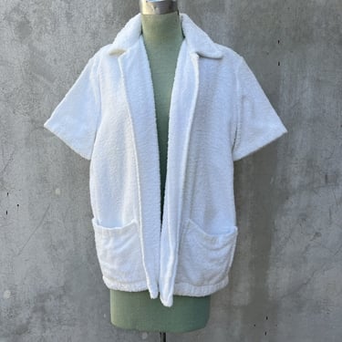 Vintage 1940s White Terry Cloth Cotton Blouse Jacket Open Front Hip Pockets