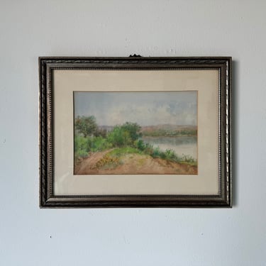 Vintage G. Robers Countryside Lake Landscape Watercolor Painting, Framed 
