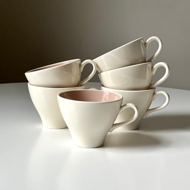 Set of Six Ivory Flat Cups with a Pink Interior Everglades Pattern by Harker 