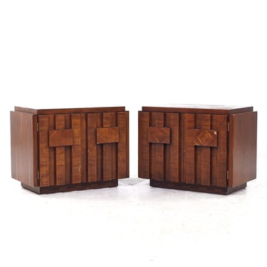 Lane Staccato Brutalist Mid Century Walnut Nightstands - Pair - mcm 