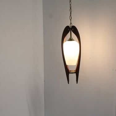 Mid-Century Danish Modern Walnut Hanging Chain Pendant Lamp 