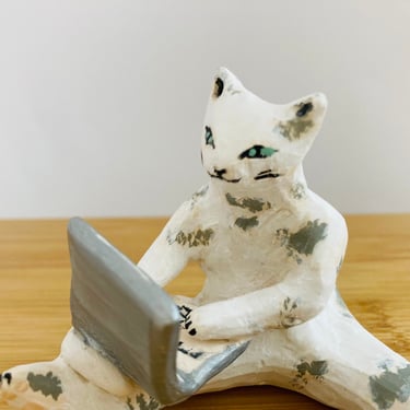 Ceramic Cat on a Laptop Sculpture | Made to Order Handmade Kitty Figurine| Hand-painted Animal Cake Topper | Unique Gifts for Cat Lovers 