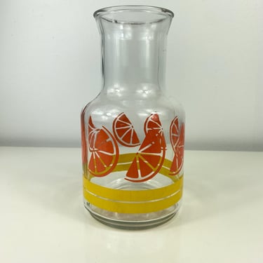 Vintage Glass Juice Carafe or Pitcher, 1 Liter Orange Juice Carafe, Citrus Orange graphic MCM Retro Beverage Pitcher, Funky Vase Summer 