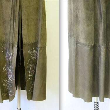 70s Vintage Char Vest Green Leather and Suede Vest Hand Painted Florals Boho Bohemian Hippie Woodstock 