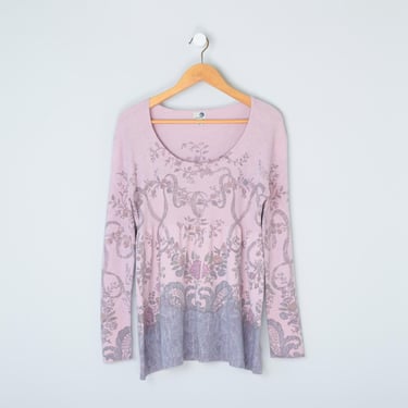 Vintage y2k Pale Pink Printed Knit Long Top - 2000s clothing, sweater, scoop neck - Women's XL 