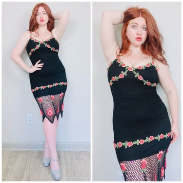 1990s Vintage Black Rayon Crochet Wiggle Dress / 90s Rosette / Floral Sheer Stretch Romantic Tank Dress / Small - Medium 