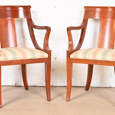 Baker Furniture Solid Cherry Wood Regency Arm Chairs, Pair