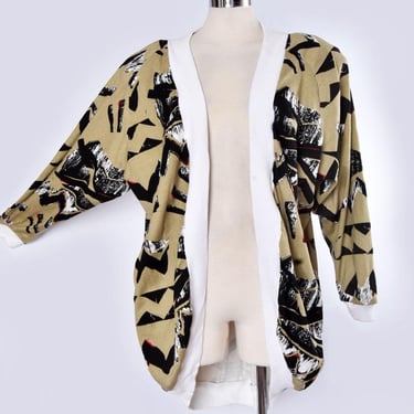 80's Contempo Casuals Cocoon Cardigan Duster Jacket Sweater, Punk Rock Abstract Print Judy Knapp Shoulder Pads 1980's, 1970's New Wave Shrug 