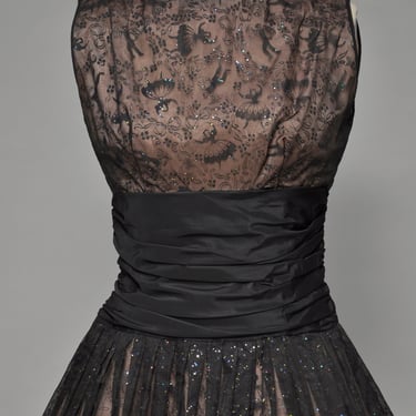 vintage 1950s black flocked velvet novelty print fit and flare party dress S 