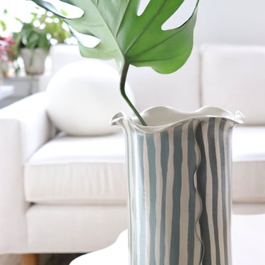 Striped Ruffle Vessel(s) in Two Toned Celadon &amp; White