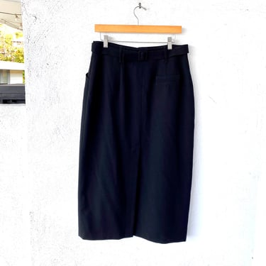 Vintage Karl Lagerfeld 90s Minimalist Black Belted Midi Pencil Skirt 