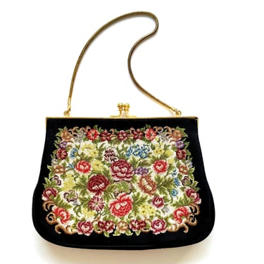 Vintage 1950s Petite Point Bag Embroidered Floral Clutch Rose 50s Needlepoint Handbag 