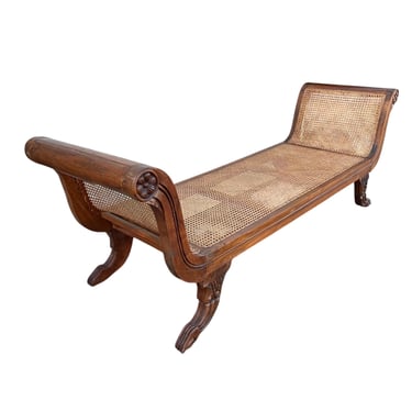 Vintage British Colonial Settee Daybed With Carved Wood, Cane Rattan, Rolled Arms & Paw Feet - Royal Indian Regency Antique Style Bench 