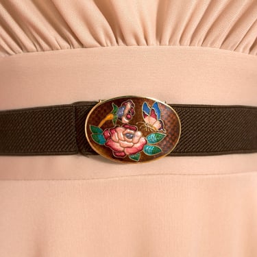 Beautiful Vintage 80s Floral Butterfly Cloisonné Oval Brown Adjustable Stretch Belt 
