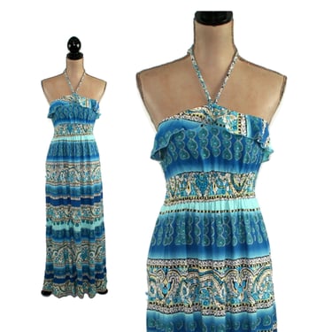 S 90s Y2K Sleeveless Boho Maxi Dress Small, Halter Sundress Long Beach Dress, Blue Paisley Rayon Print Bohemian Summer Clothes Women Vintage 