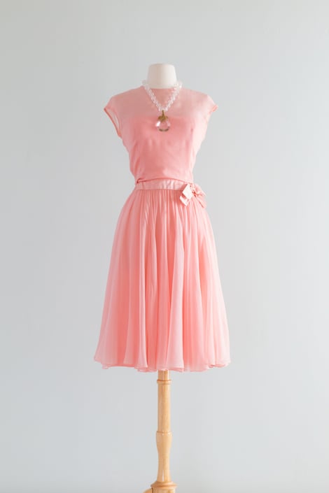 Elegant 1960's Ballet Pink Silk Chiffon Cocktail Dress By Malcolm Starr / Waist 27