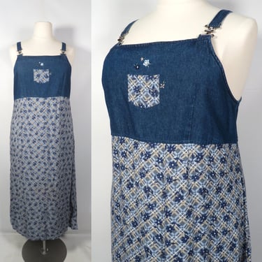 Vintage 90s Plus Size Floral And Denim Overall Maxi Dress Size XL 