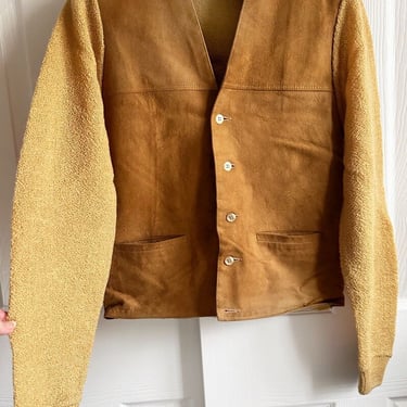 MENS Vintage 1950s MOHAIR Wool SUEDE Leather Cardigan Sweater Jacket 1960s Gold Yellow Mod Rat Pack Mid Century 