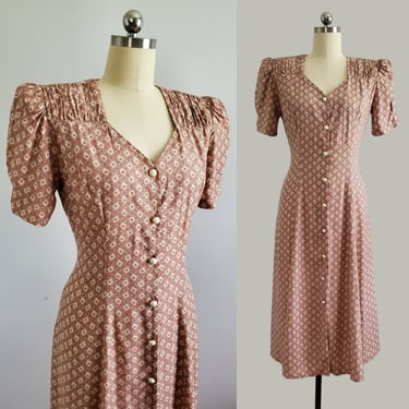90s Does 40s Rayon Dress 1990s Floral - 90s Swing Dress - Women's Size Medium 