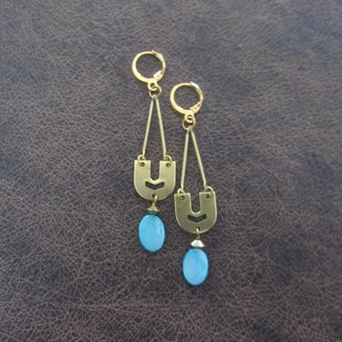 Mid century modern brass and blue mother of pearl shell earrings 
