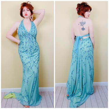 Y2K Sean Collection Beaded Blue Fairy Dress / Vintage Mermaid Floral Sheer Halter Backless Gown / Size Small - Medium 