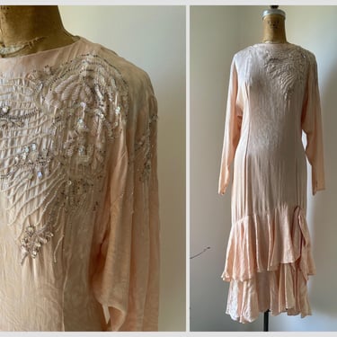 Vintage ‘80s pale peach silk beaded dress | sparkly sequins, embellished evening dress, M 