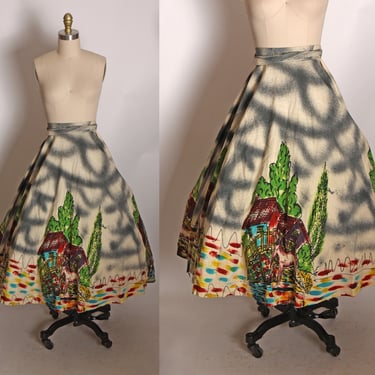 1950s Gray Multi-Colored Novelty House and Donkey Scenic Hand Painted Mexican Skirt -S 