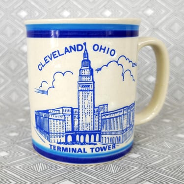 Vintage Cleveland Terminal Tower Mug - Ohio Tourist Souvenir - Vintage Off-White Blue Stoneware Coffee Cup 