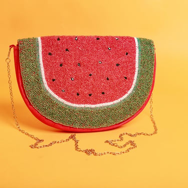 80s Red Beaded Watermelon Crossbody Novelty Crossbody Purse Fruit Slive Seed Bead Hang Bag 